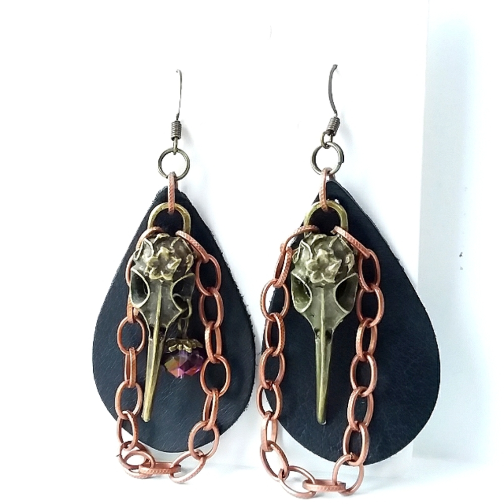 Raven Skull Wiccan Earrings    Gothic bird skeleton    Plague mask